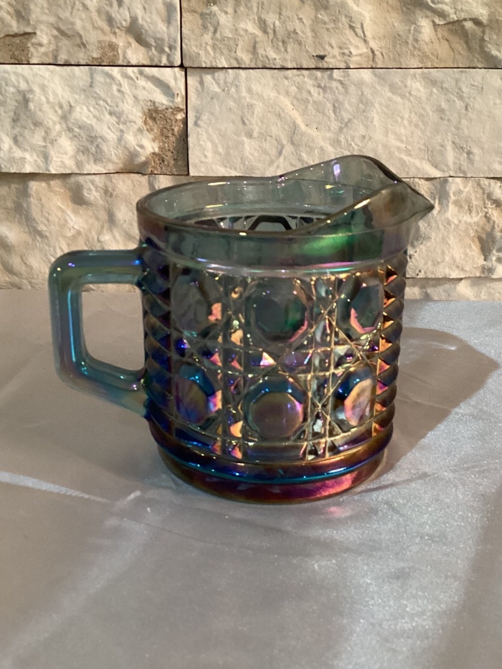 Vintage Indiana Glass Windsor Blue Carnival Glass Creamer Iridescent 1970s